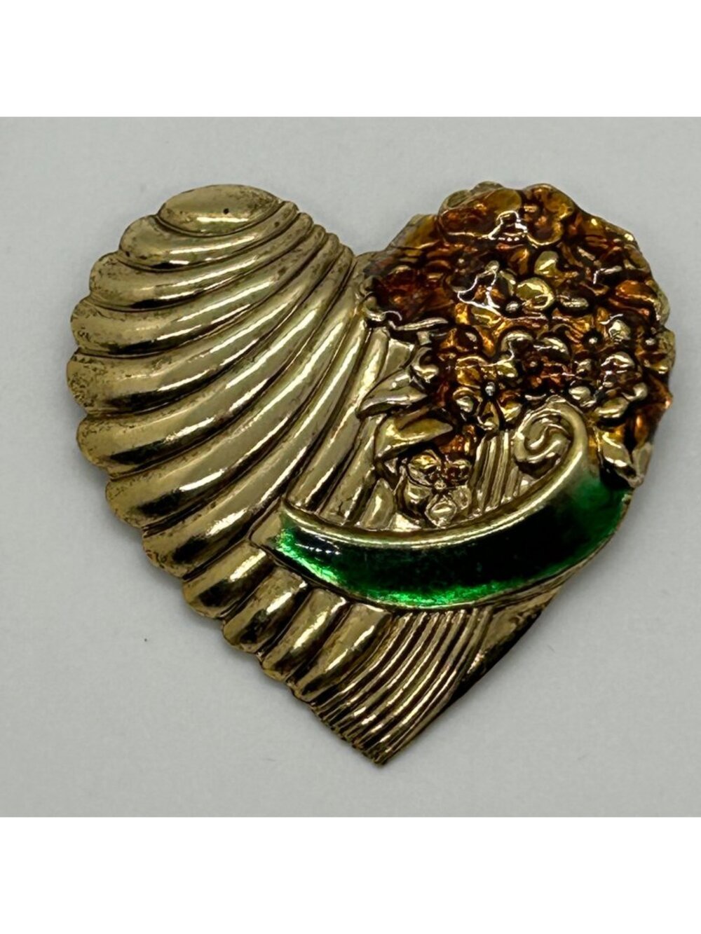 Vintage Gold-Tone Repousse Heart Brooch With Green Brown Floral Acrylic Design